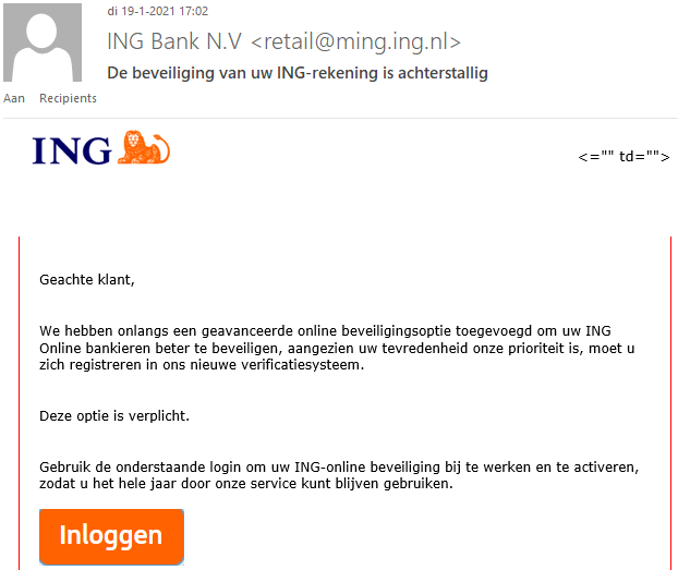 voorbeeld van een phishing email die lijkt op een echte mail van ING bank.